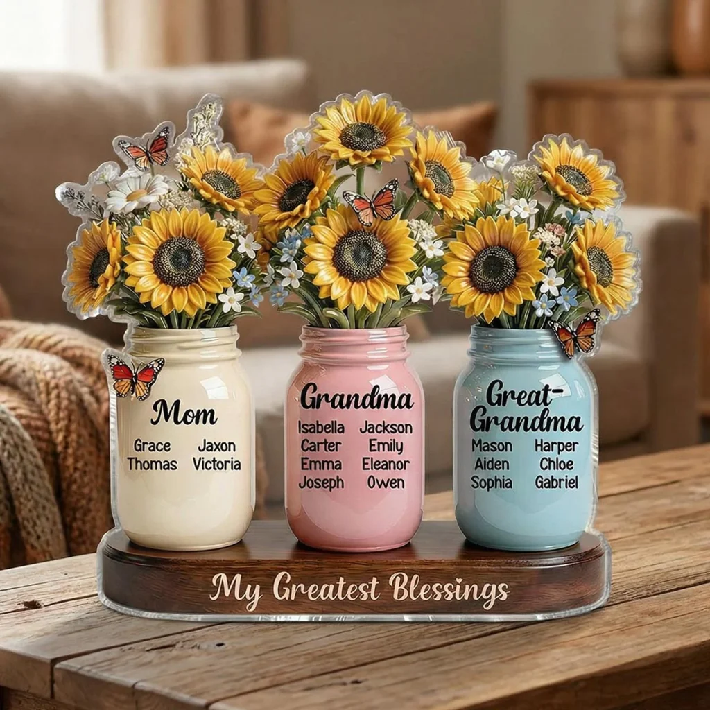 Mom Grandma Great Grandma Sunflowers Jars Custom Names 2d Flat - Personalized Acrylic Block Plaque