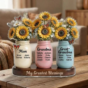Mom Grandma Great Grandma Sunflowers Jars Custom Names 2d Flat - Personalized Acrylic Block Plaque